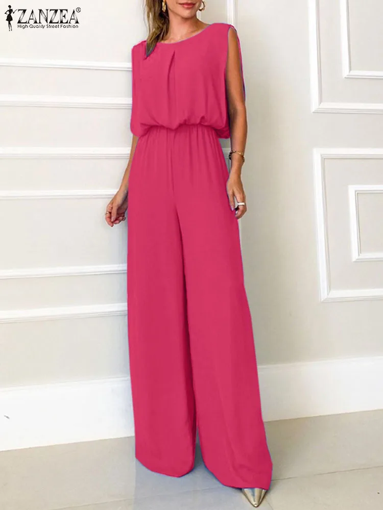 

ZANZEA Fashion Wide Leg Pants Overalls Women Sleeveless Long Jumpsuit Elegant Solid Color Casual Elastic Waisted Summer Playsuit