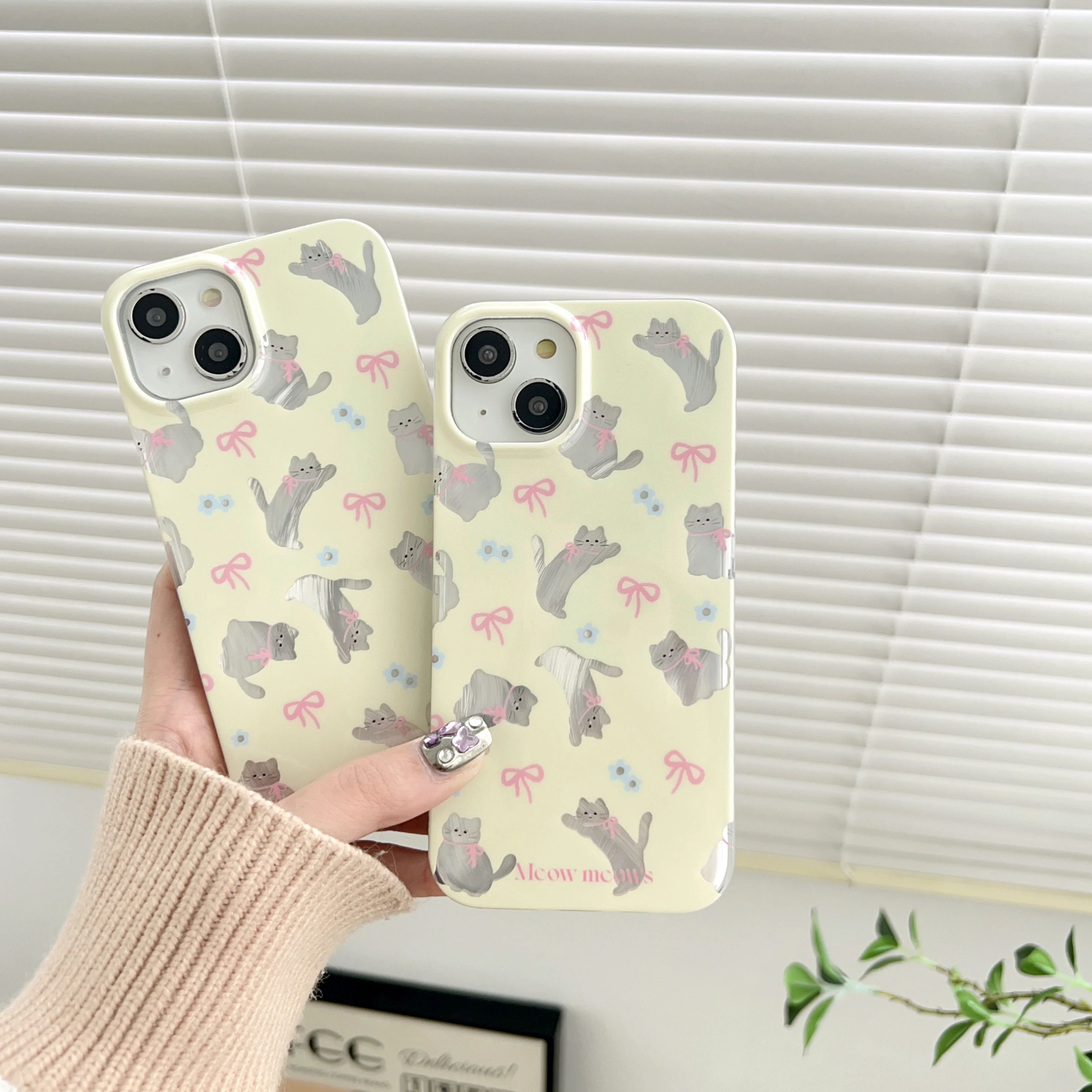 Cartoon Cat Pink Bow Laser Yellow Background Case for iPhone
