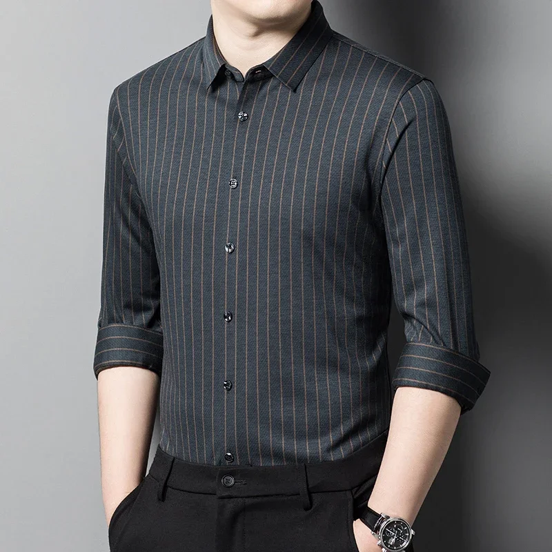 Seamless Wool Spring Autumn Men's Dress Shirts Luxury Striped Long Sleeve Business Casual Single Breasted Male Shirts 4XL