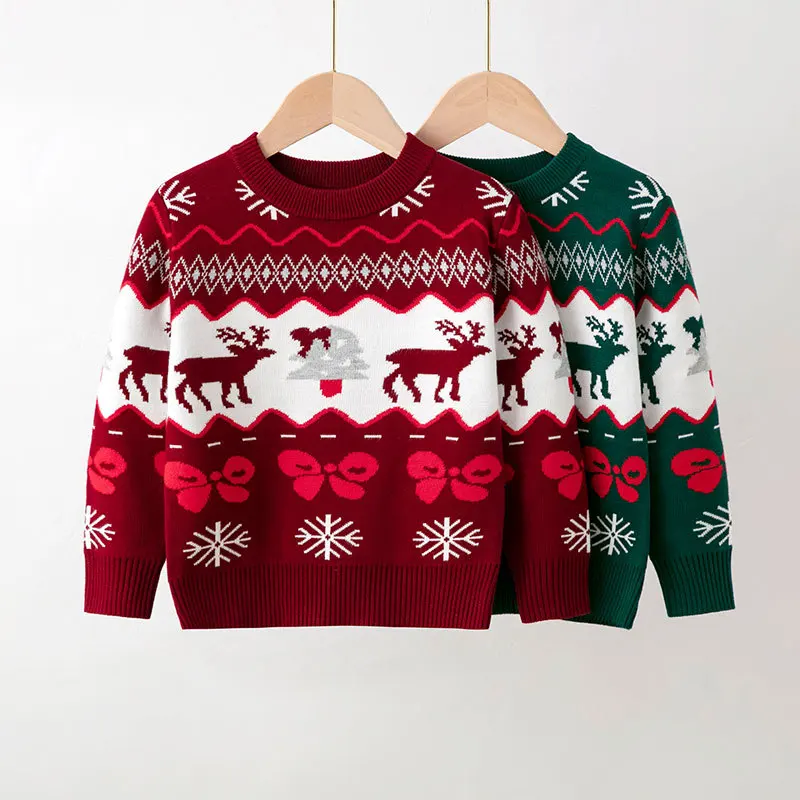 

2023 Autumn Winter Christmas New Year Kids Elk Knitted Long Sleeve Sweatshirt for Girls Toddler Cute Xmas Tree Pullovers 3-10T