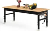 70" Adjustable Height Workbench, 2000 LBS Heavy Duty Work Table with Power Outlets & Pegboard, Rubber Wood Workstation for 1