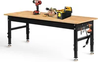 70" Adjustable Height Workbench, 2000 LBS Heavy Duty Work Table with Power Outlets & Pegboard, Rubber Wood Workstation for 1