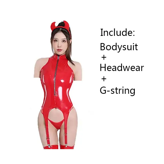 thumbnail image 1 of Body erótico de cuero Pu para mujer, lencería de peluche sin entrepierna, ropa de discoteca Wetlook, Catsuit de látex, disfraz fetiche, 1 of 5