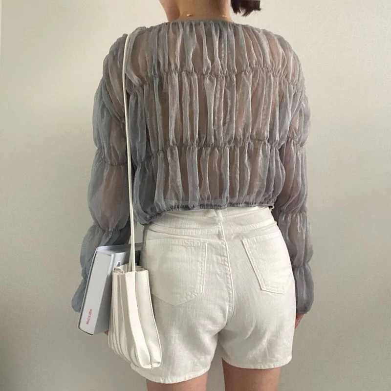 Korean Fashion Pleated Casual Blouse Women Summer New Loose Folds Perspective Chiffon Shirt Long Sleeve Tops Blusas Mujer 15624