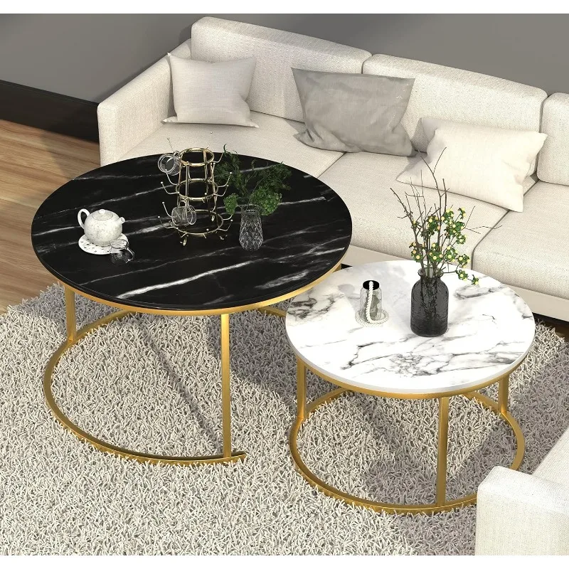 Description Picture 3 of itemMarble Nesting Golden Coffee Table 31.5In Large Set of 2, Steel Frame Circular and Round Wooden Tables 31in