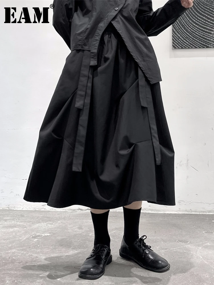 

[EAM] High Elastic Waist Black Irregular Pleated A-line Half-body Skirt Women Fashion Tide New Spring Autumn 2024 1DF7839