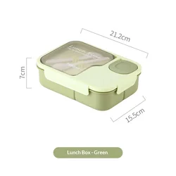 Microwaveable Kids Bento Lunch Box with Built - In Tableware and 3 Compartments - 1450ml (Green)