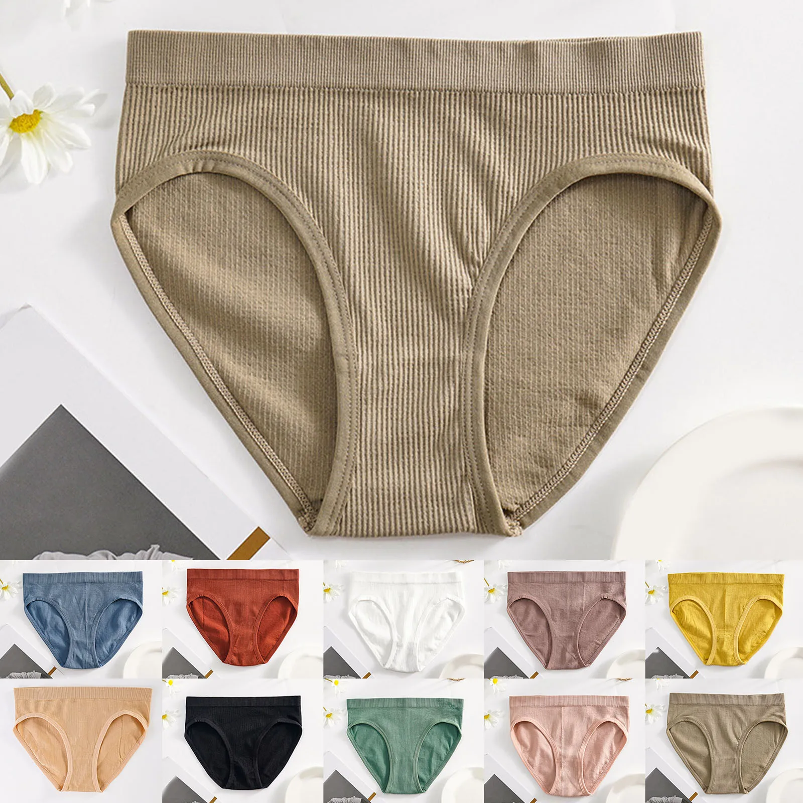 Women High Waisted Panties Ribbed Cotton Seamless Breathable