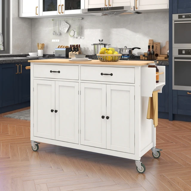 Carrito de cocina con ruedas de 4 niveles, carrito de almacenamiento de  cocina de madera, carrito de microondas con toallero, cajones, estantes