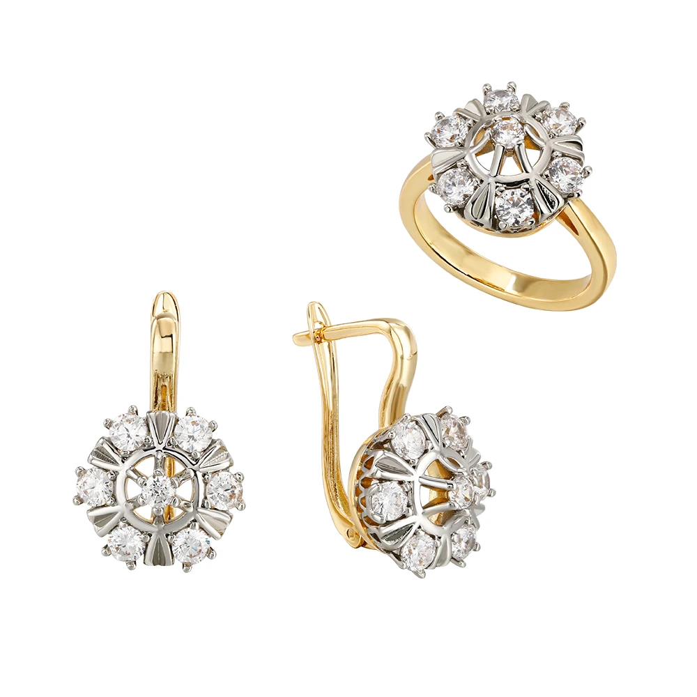 Glänzende, eingelegte, zweifarbige Ohrringe mit synthetischem Zirkon, Ring-Set, kupferbeschichtet, 14 Karat Gold, edler Schmuck, Weihnachtsgeschenke, Alltagsschmuck – Detail 8