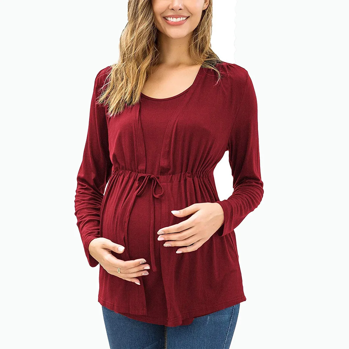 Maternity Tops Autumn and Winter Long Sleeve Round Neck Fake Two Piece Lace Up Anti Light Breastfeeding Pregnant Women's Top T-shirtＭaternity p