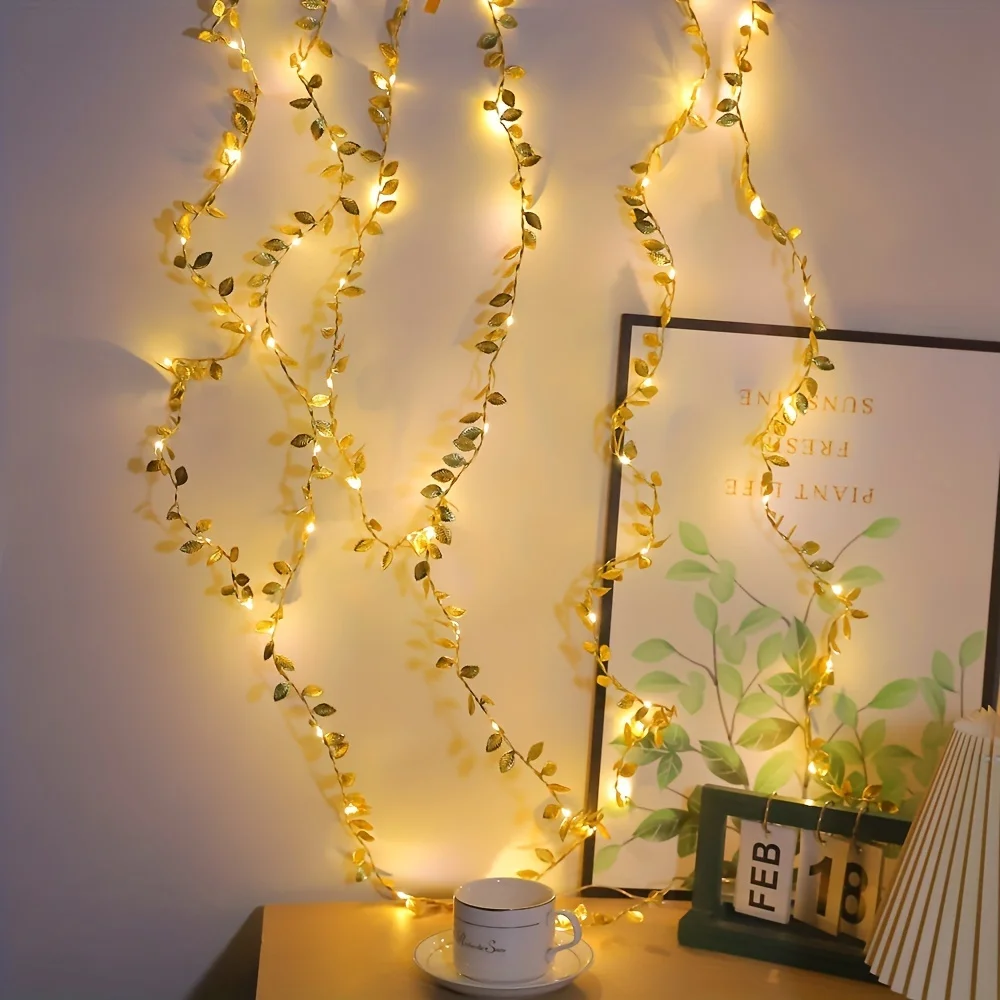 1Pcs 5M 50LED Golden Tiny Leaves Fairy Light Battery Powerd Led Copper Wire String Lights For Wedding Home Party DIY Xmas Decor