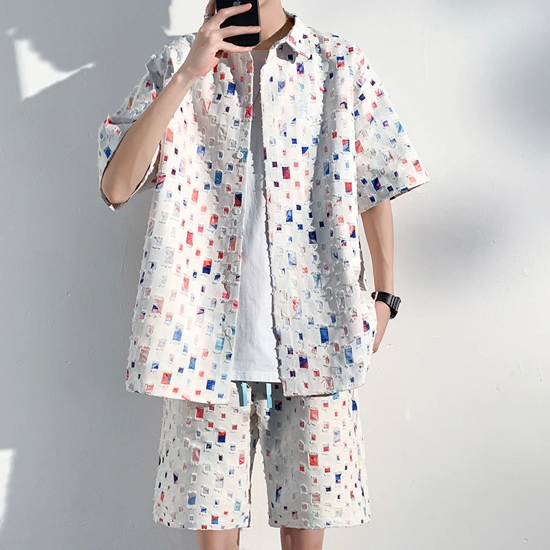 

Men Summer Sets Short Sleeve Fashion Ins Shirts Shorts Mens Casual T-Shirt Beach Two Piece Suits New High Quality Male Tracksuit