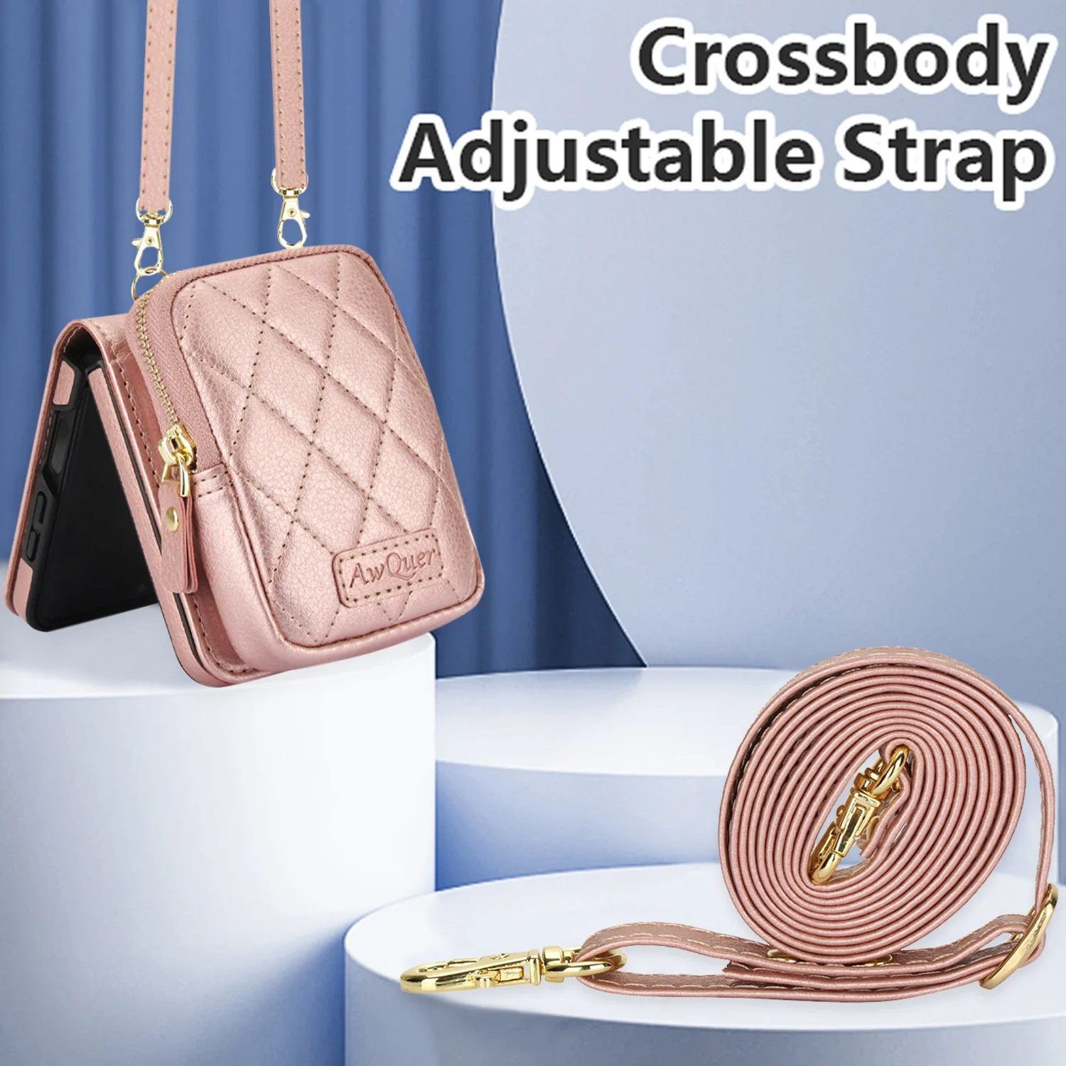 Luxury Crossbody Lychee Leather Wallet Case with Long Lanyard Protective Cover