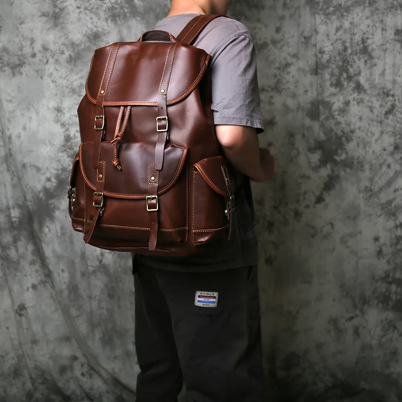 NZPJ Vintage Genuine Leather Men's Backpack Crazy Horse Leather Backpack Natural Cowhide Parachute Bag  Large Capacity Laptop