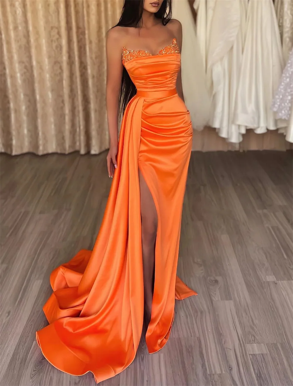 

A-Line Sexy High Split Prom Formal Evening Dress Strapless Sleeveless Court Train Satin with Slit Pure Color robes de soirée