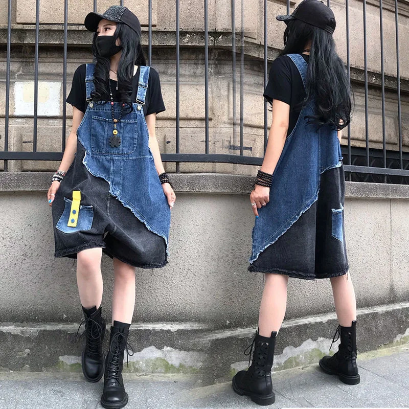 Women\'s Denim Strap Playsuits 2023 Summer New Plus Size Clothing Cover Belly Wide Leg Pants Fashion Jumpsuit Shorts Ladies Jeans