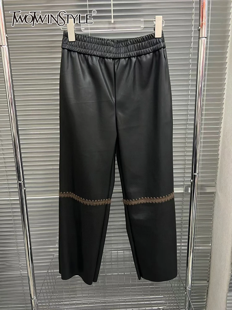 

TWOTWINSTYLE Colorblock Casual Loose Leather Pants For Women High Waist Minimalist Straight Leg Pant Female Fashion Clothing New