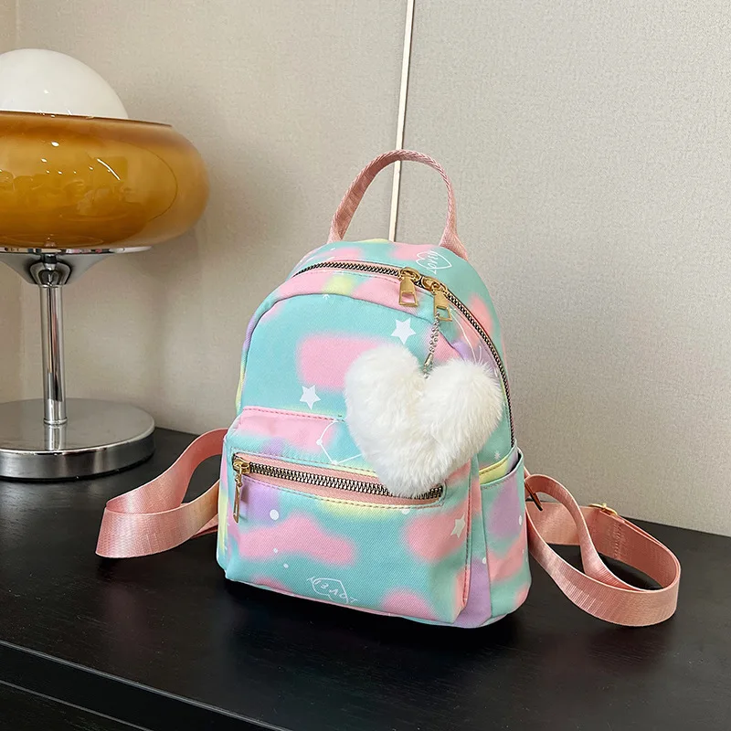 Mini Backpack Women Nylon Cute Small Shopper Handbag Multicolor Book Bags with Heart Pendant Girls Fashion Shoulder Bag 2