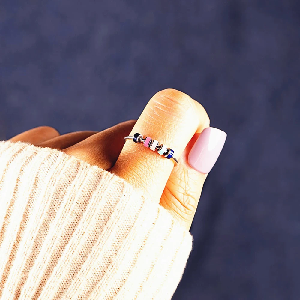 Anxiety Lie Ring Colorful Enamel Unisex Fidget Ring With Bead Worry Stress Relief Jewelry Lovers Stacking Finger Creative Rings