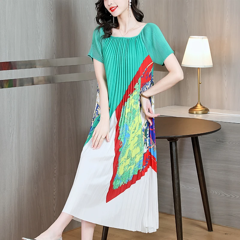 

Sanzhai Pleated Dress 2023 Women's Summer Loose High Elasticity Large Print Short Sleeve Pleated Dress O-Neck Knee Long Robe
