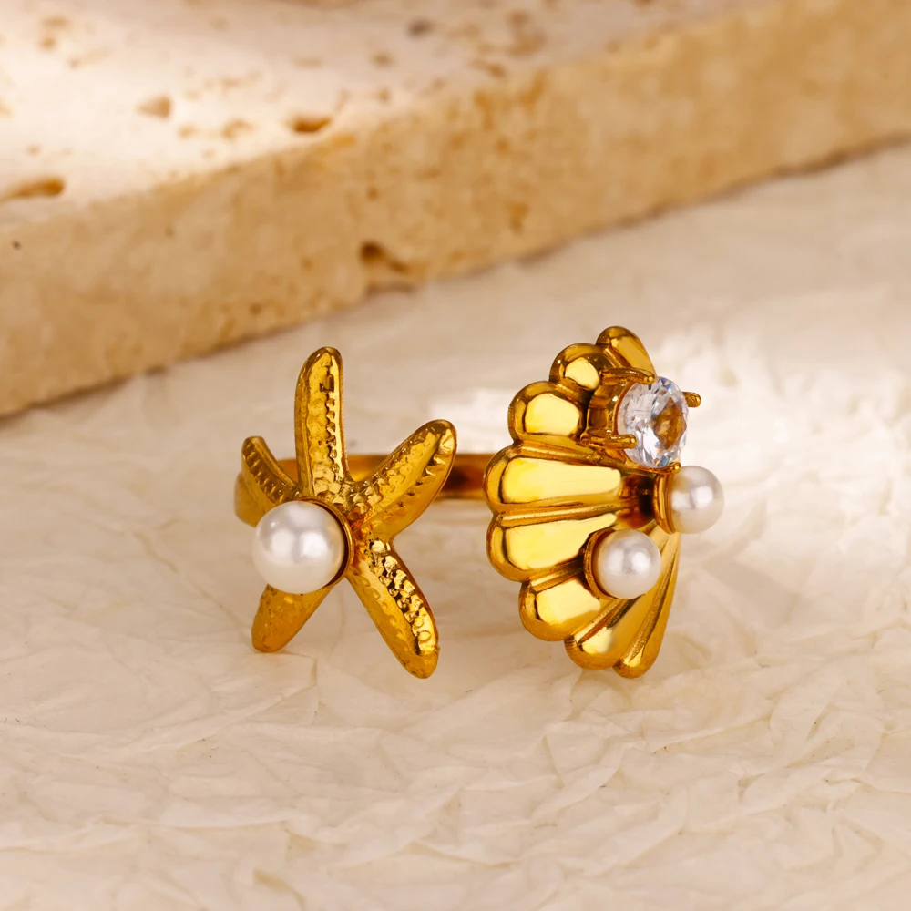 Starfish Shell Rings for Women Girls Gold Double Layers Stainless Steel Ring