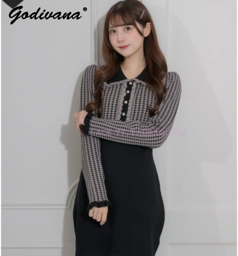 

Autumn Winter New Lace Peter Pan Collar Houndstooth Long Sleeve Knitted Dress Jacquard Woven Contrast Color Slim Sweater Dresses