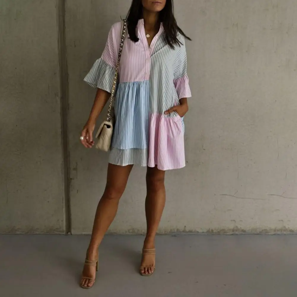 

Women's Summer Dress Semi-single-breasted Striped Color-blocked A-line Loose Pleated Round Neck Commuting Date Mini Dress