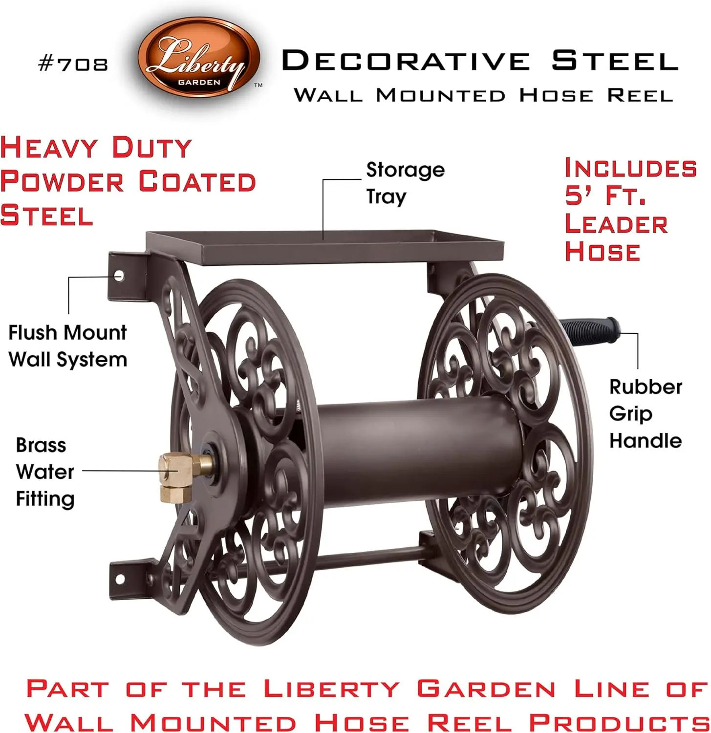 708 Steel Decorative Wall Mount Garden Hose Reel, Holds 125-Feet of 5/8-Inch Hose - Bronze