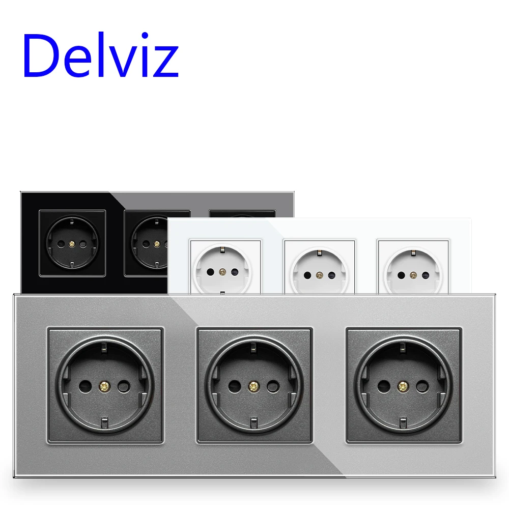 Delviz-ue Tomada de Parede Padrão Gang Plugue Elétrico Painel de Vidro Schuko Tomada 16a ac 110v250v Cozinha