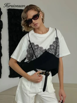 Hirsionsan Elegant Cotton T Shirt Women 2026 Summer Oversized Tee Casual Loose Lace Patchwork Tshirt Chic Vintage Female Tops 1