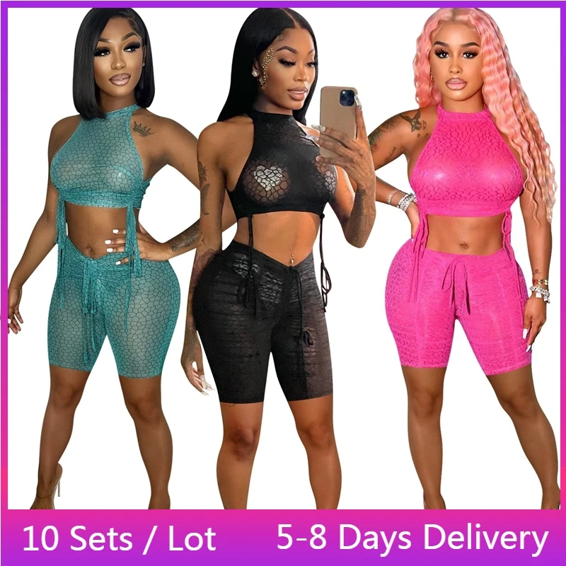 

Wholesale Items Sexy Two Piece Sets Womens Outifits Club See-through Drawstring Summer 2 Piece Outfit Halter Crop Top Shorts Set