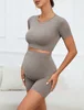 Women's Maternity 2 Piece Seamless Short Sleeve Crop Top Legging Sets Workout Casual 3
