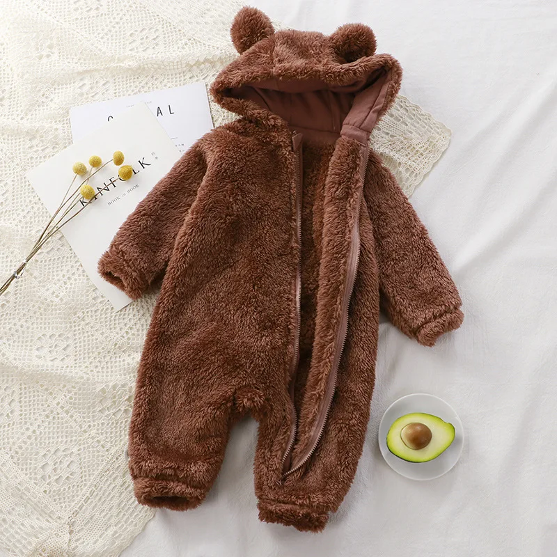 

New Born Plush Bear Onesies Baby Rompers Toddler Girl Overall Jumpsuit Fall Hooded Zipper Clothes Boys Infant Crawling Clothing