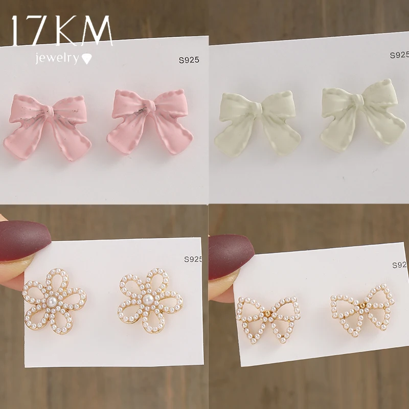 17KM Cute Bowknot Earrings Set Butterfly Pearl Stud Earrings for Women Crystal Earrings Jewelry 2022 Trendy Accessories