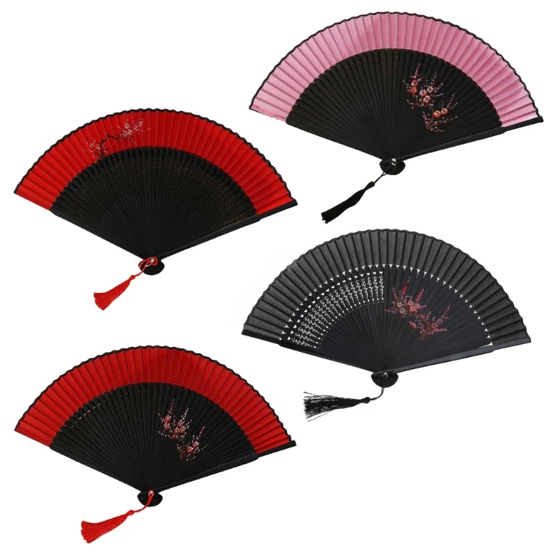 

Handheld Flower Folding Fan Vintage Silk Bamboo Hand Fans with Tassels for Women G5AB