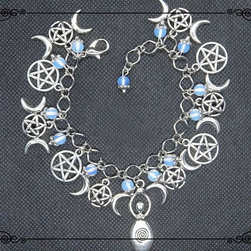Silver Anklet Bracelet Witches Charm Dragon and Amethyst Anklet Pagan Charm Bracelet