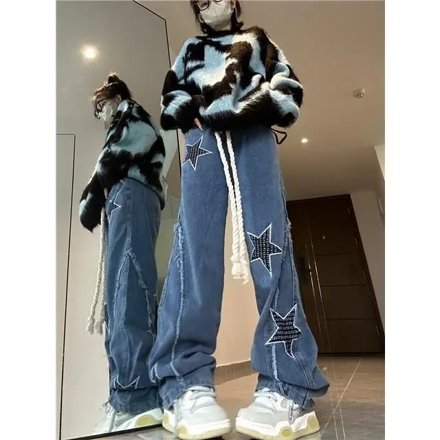 European American High Street Hip-Hop Loose All Kinds Of Printing Straight Wide Leg Jeans Y2k Retro Harajuku Jeans Unisex