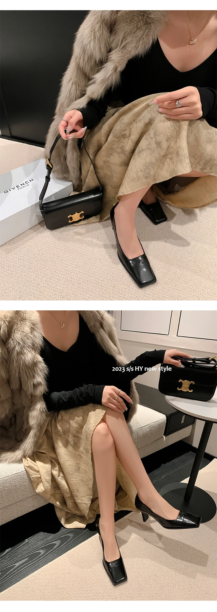 2023 new Spring women pumps natural leather 22-24.5cm length cowhide+sheepskin full leather square toe Metallic shoes high heels