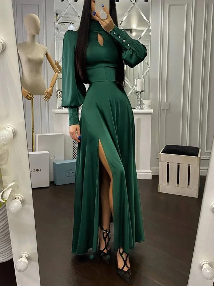 WQM  Women V-neck Lace-up Long Party Dress Spring Autumn Solid Full Sleeve Split Ladies Dresses Elegant Streetwear Dropshipping