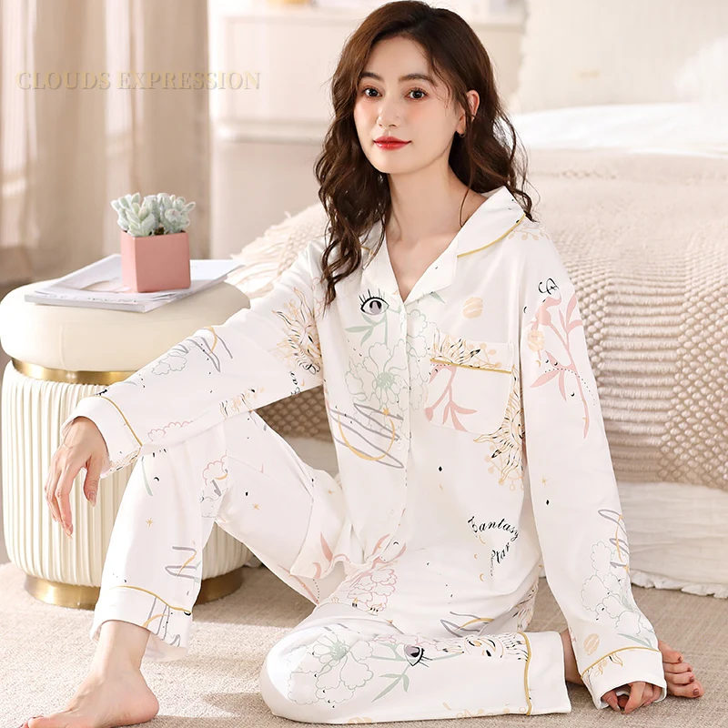 Pyjama Femme Long En Coton Hiver - Ensemble Boutonné Col V Manches Longues - Tissu Doux Et élastique - Pour Maison Et Détente