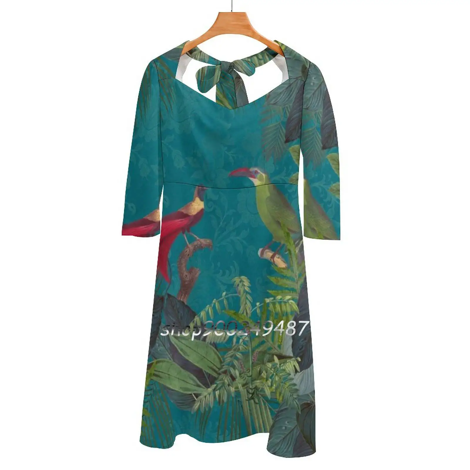 

Birds Of Jungle Vintage Botanical Illustration Sweet Elegant Dress Women Korean Kawaii Square Collar Dress Tropical Exotic