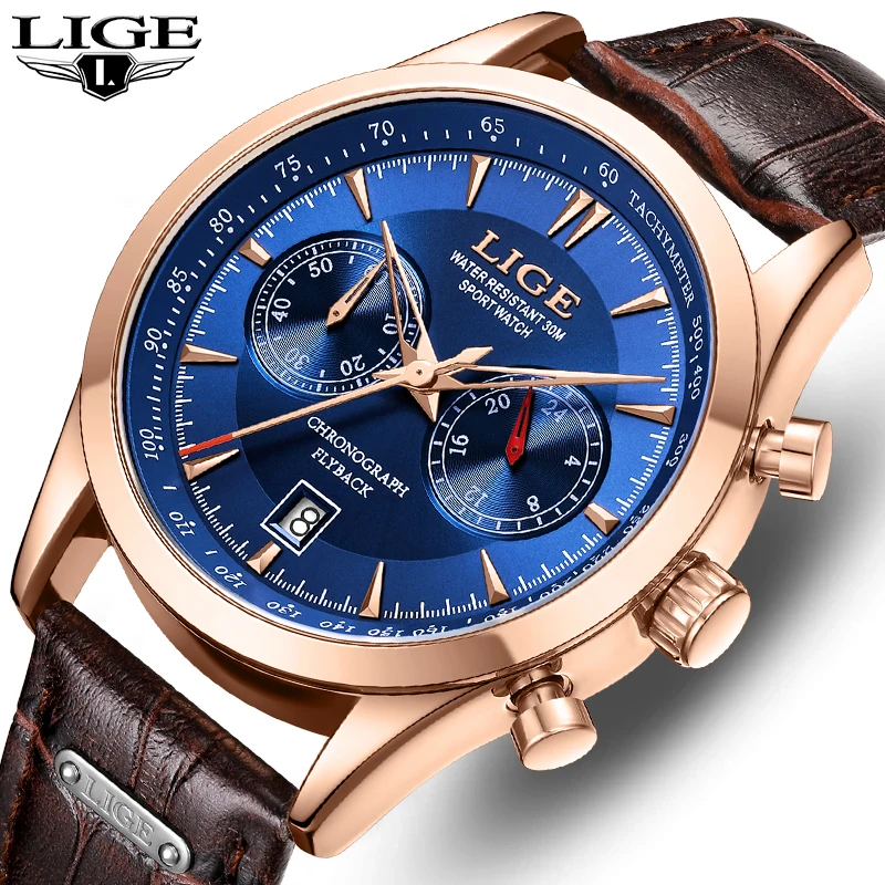 

Часы наручные LIGE Мужские кварцевые с хронографом, люксовые брендовые деловые, с кожаным ремешком