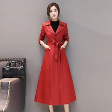 

Spring Autumn Long Black Soft Faux Leather Coat Women Long Sleeve Buttons Slim Fit Elegant leather Jacket With Belt