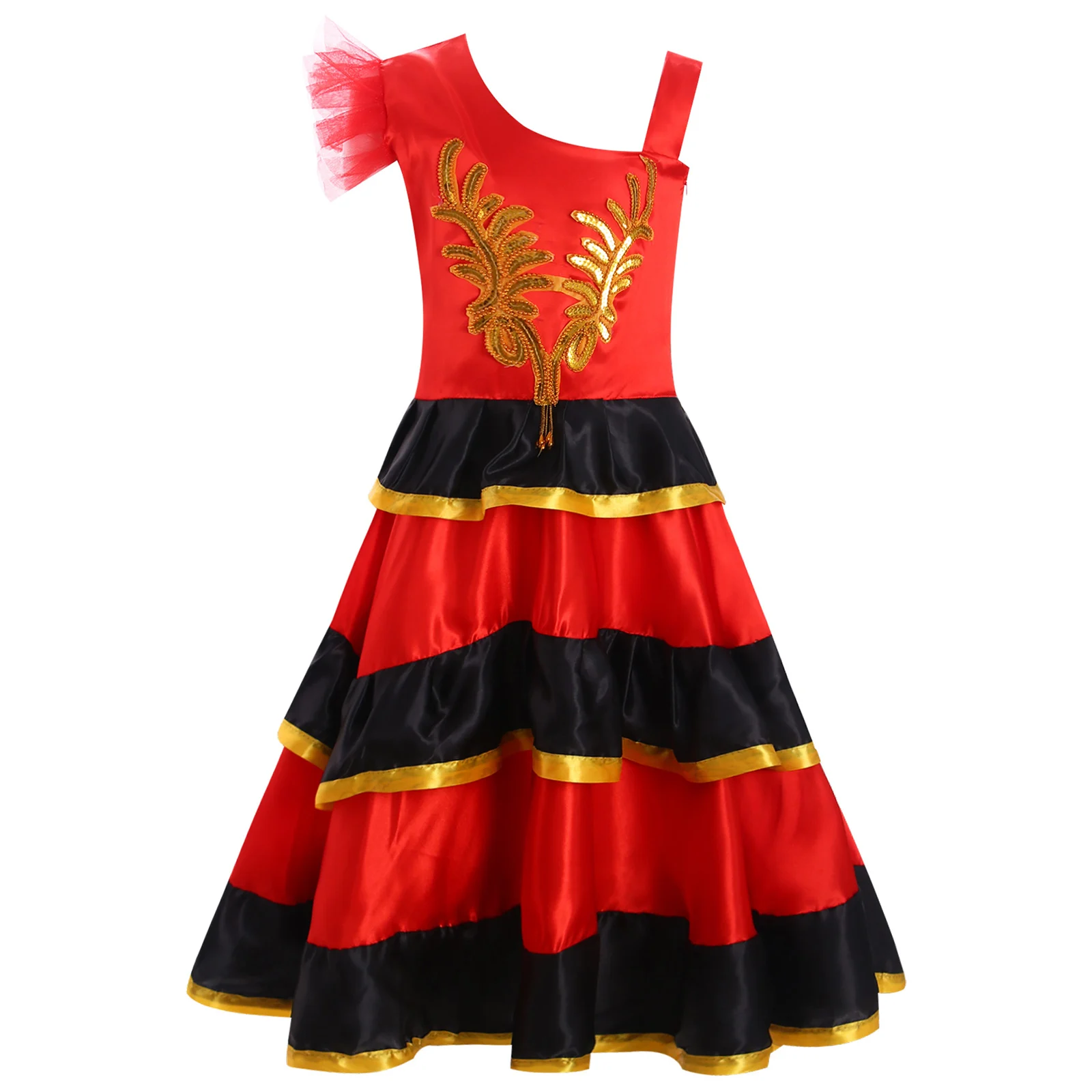 Vestido de baile con falda oscilante para salón de baile para niñas, disfraz de actuación, vestido con cinturón con volantes y hombros irregulares y tocado