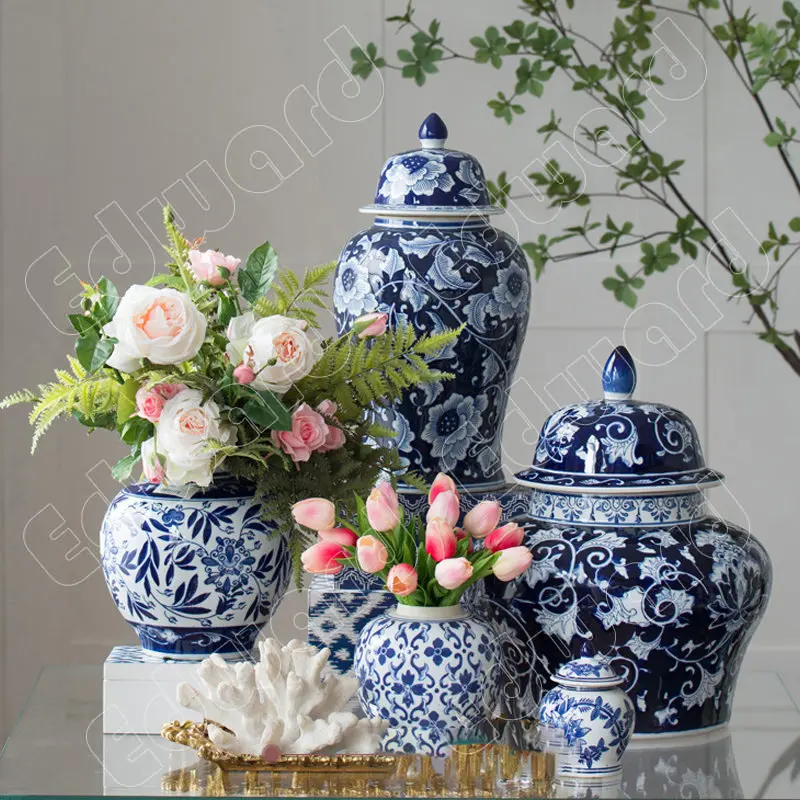 Florero de cerámica hueca China Vintage, jarrón de porcelana azul y blanca  para mesa de centro, adorno único Oritenal - AliExpress