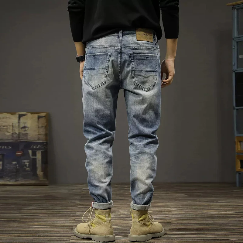 Fashion Designer Men Jeans High Quality Classical Trousers Retro Blue Elastic Slim Ripped Jeans Men Vintage Denim Pants Hombre