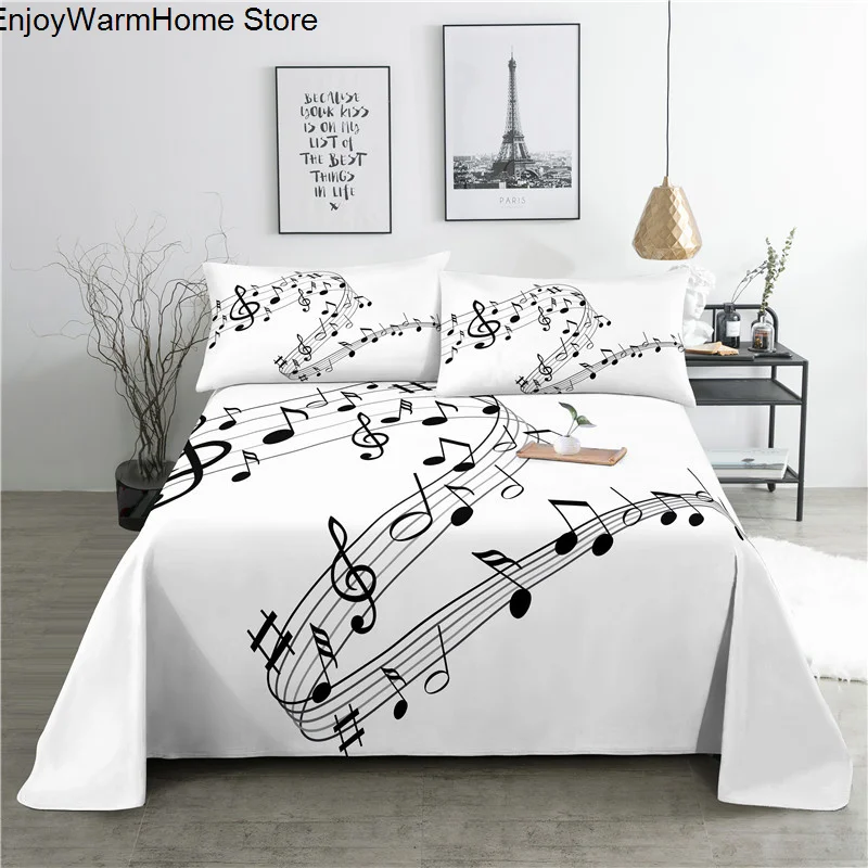 fashion Music Sheet Set Piano Keyboard Music Note Printed Bed Flat Sheet With Pillowcase Polyester Bedding 4