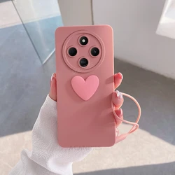 Cute 3D Love Heart Silicone Phone Case with Lanyard Wrist Strap Cover for Redmi 14c (AXSS Pink)
