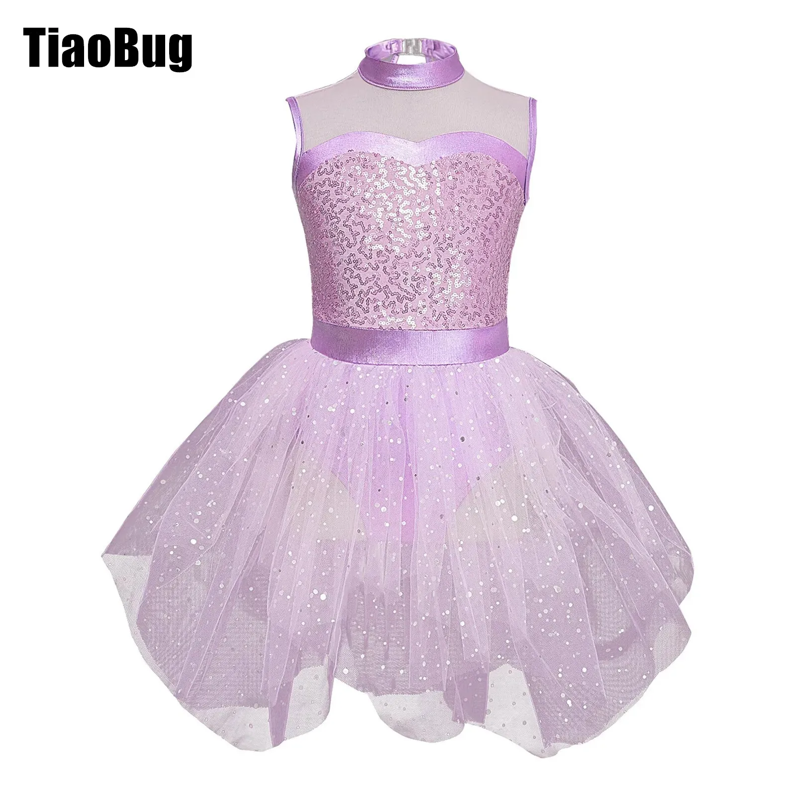 

Kids Girls Glittering One-Piece Dancing Dress Sleeveless Hollow Back Asymmetrical Tulle Skating Dancing Clothing